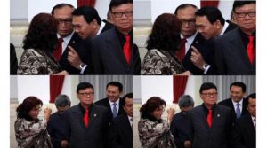 Foto kombinasi memperlihatkan Menteri Kelautan dan Perikanan Susi Pudjiastuti berbincang dengan Gubernur DKI Jakarta Basuki Tjahaja Purnama (Ahok) dan akhirnya mengepalkan tanganya ke arah Ahok di sela menghadiri acara pelantikan Kepala BNPT dan Kepala BPOM di Istana negara, Jakarta, Rabu (20/7). Foto Kompas